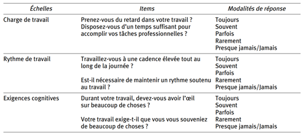 Les items du COPSOQ liés au domaines Contraintes quantitatives