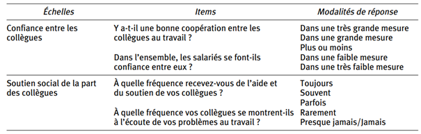 Les items du COPSOQ liés au domaines Relations horizontales