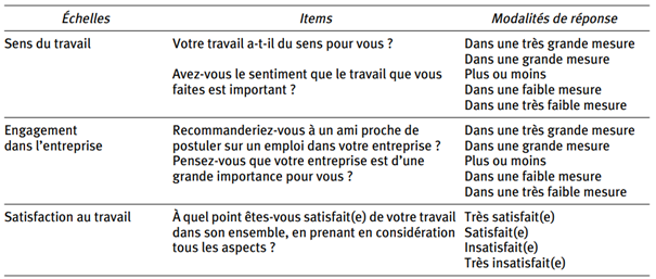 Les items du COPSOQ liés au domaines Vécu professionnel